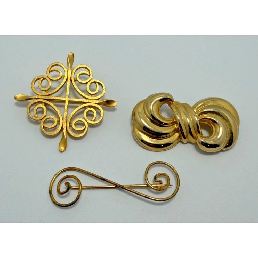 Mixed Gold Tone Pin Lot of 3 Ornate Scrollwork Brooches